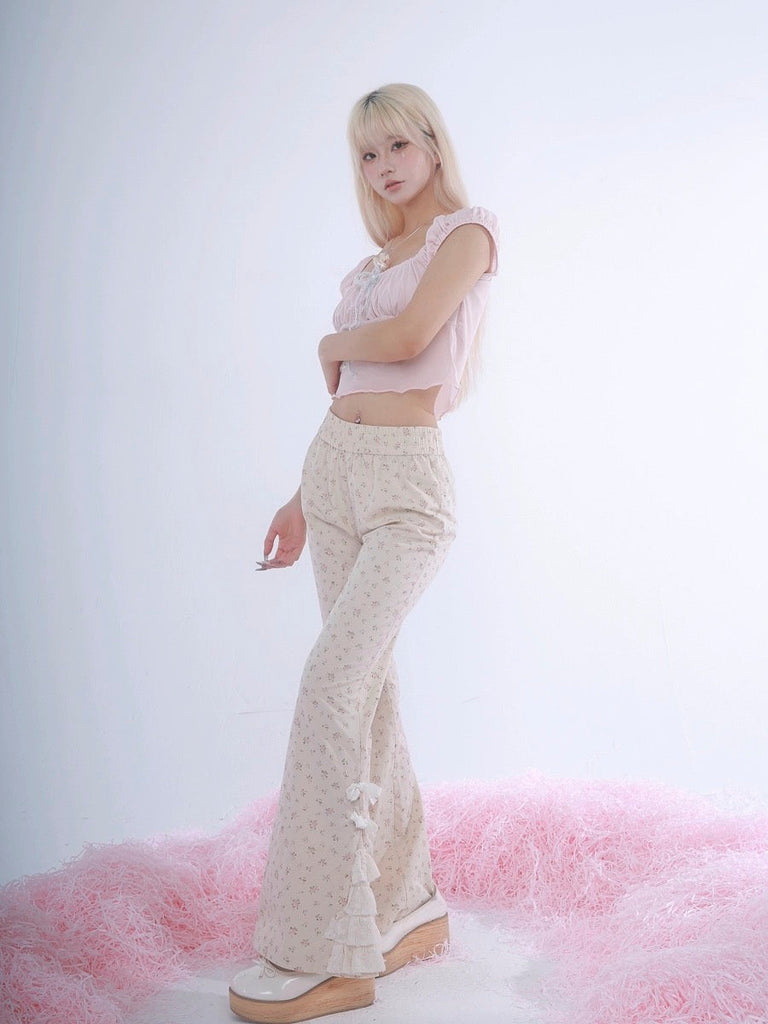 Get trendy with Cottage Fairy club - Rose Island Floral Flare Pants -  available at Peiliee Shop. Grab yours for $40 today!