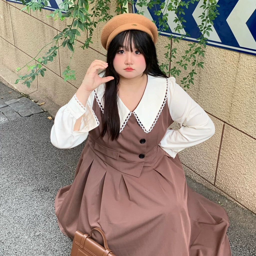 Get trendy with [Curve Beauty] Caramel Chestnut Collared Dress  (Plus Size 200 lbs) - Dresses available at Peiliee Shop. Grab yours for $39 today!