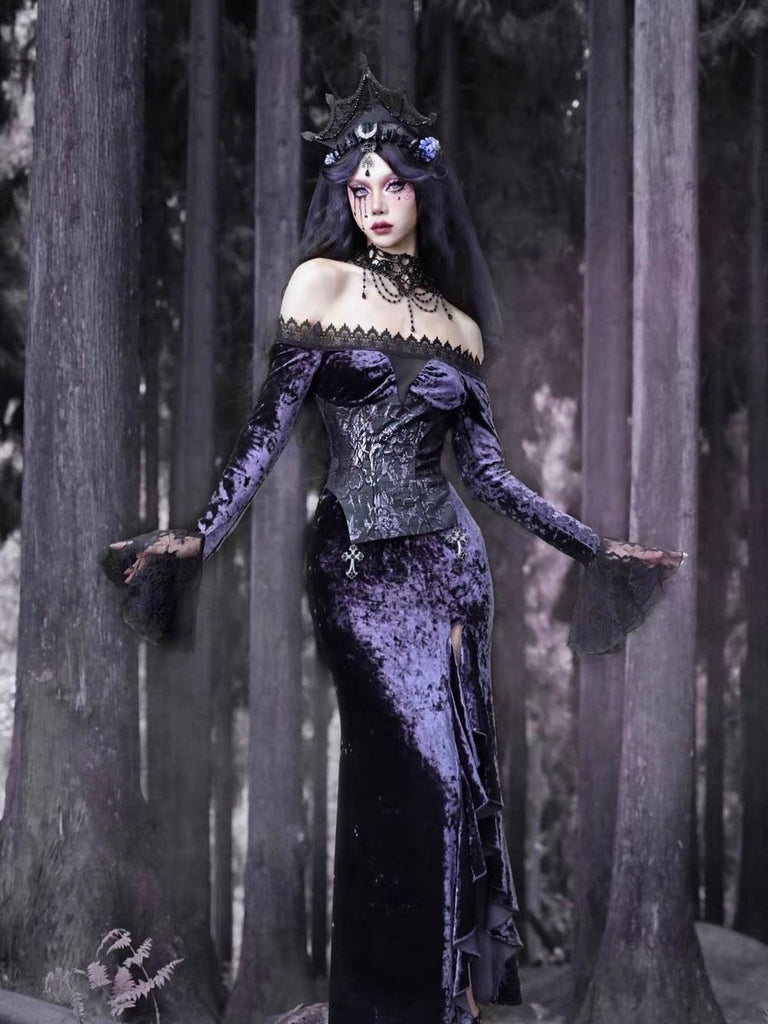 Get trendy with [Blood Supply]Moon Goddess Off-Shoulder Velvet Halloween Long Dress - Clothing available at Peiliee Shop. Grab yours for $56 today!