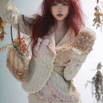 Rose Island Deer collection fawn pattern print faux fur handbag model wearing as arm bag