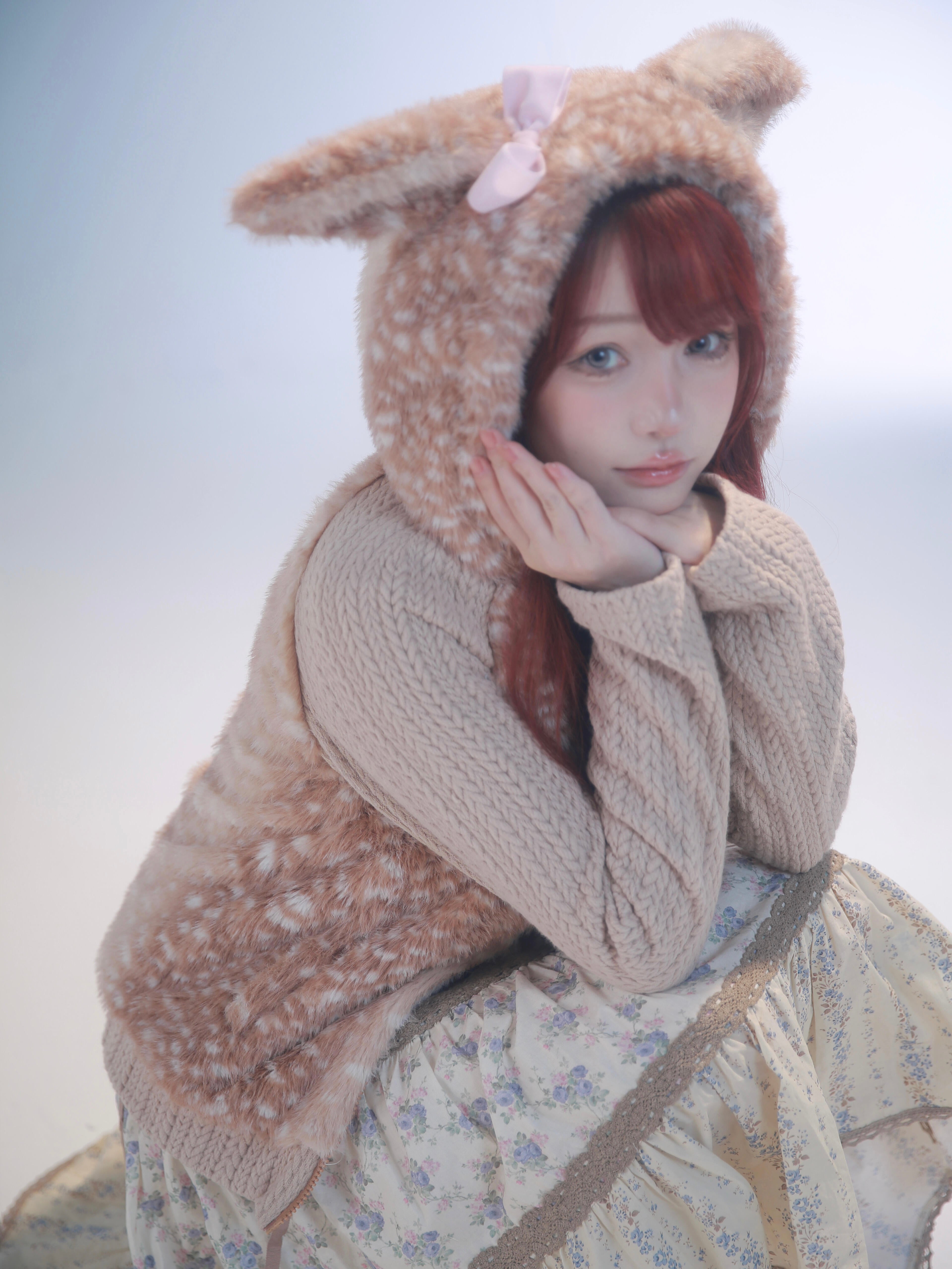 Rose Island Deer Hoodie with cute Fawn pattern print ear detailed photo from side via PeilieeShop for $69