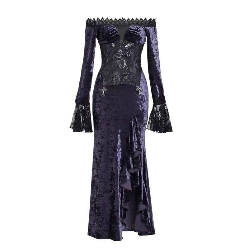 Get trendy with [Blood Supply]Moon Goddess Off-Shoulder Velvet Halloween Long Dress - Clothing available at Peiliee Shop. Grab yours for $56 today!