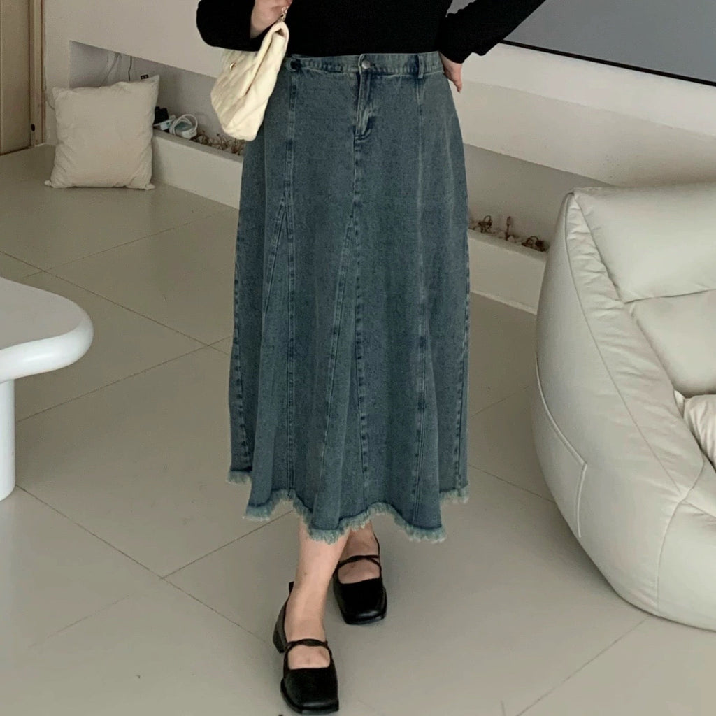 Get trendy with [Curve Beauty] Vintage Denim Pleated Long  Skirt - Dresses available at Peiliee Shop. Grab yours for $38 today!