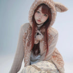 Rose Island Deer Hoodie with cute Fawn pattern print closer look modeling photo via PeilieeShop for $69
