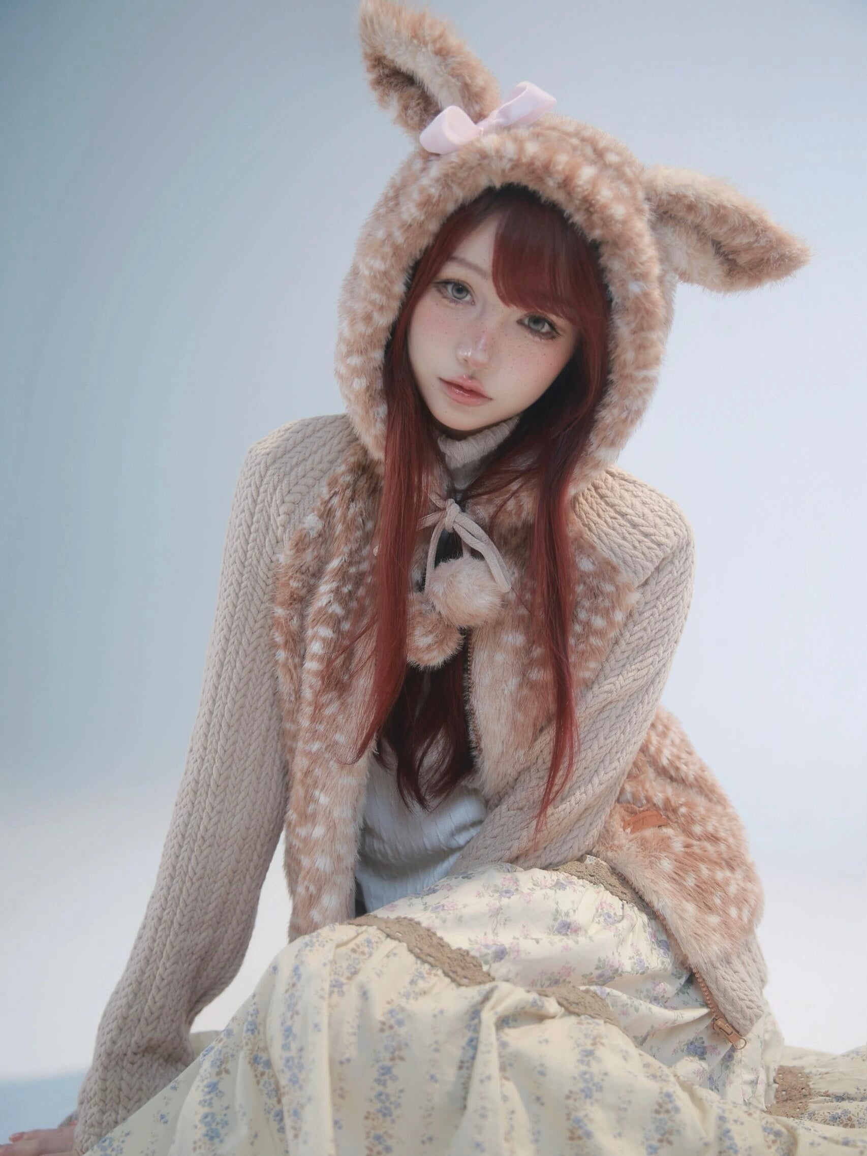 Rose Island Deer Hoodie with cute Fawn pattern print closer look modeling photo via PeilieeShop for $69