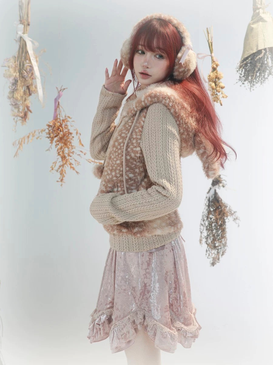 Rose Island Deer Hoodie with cute Fawn pattern print side studio photo with styling via PeilieeShop for $69