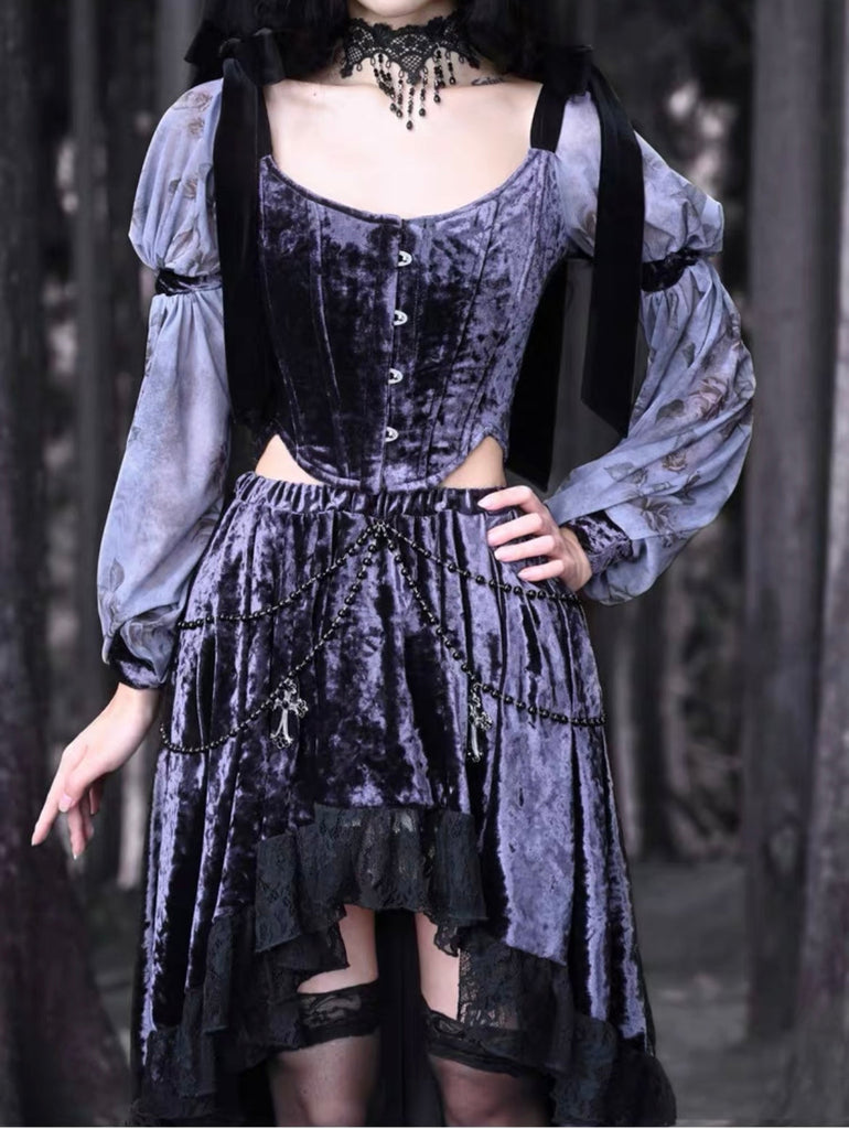 Get trendy with [Blood Supply] Moon Goddess Velvet Trailing Lace Skirt - Clothing available at Peiliee Shop. Grab yours for $41 today!