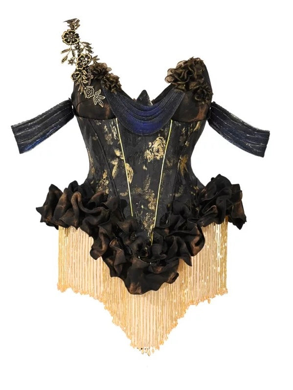 Black and gold corset with floral details on a white background