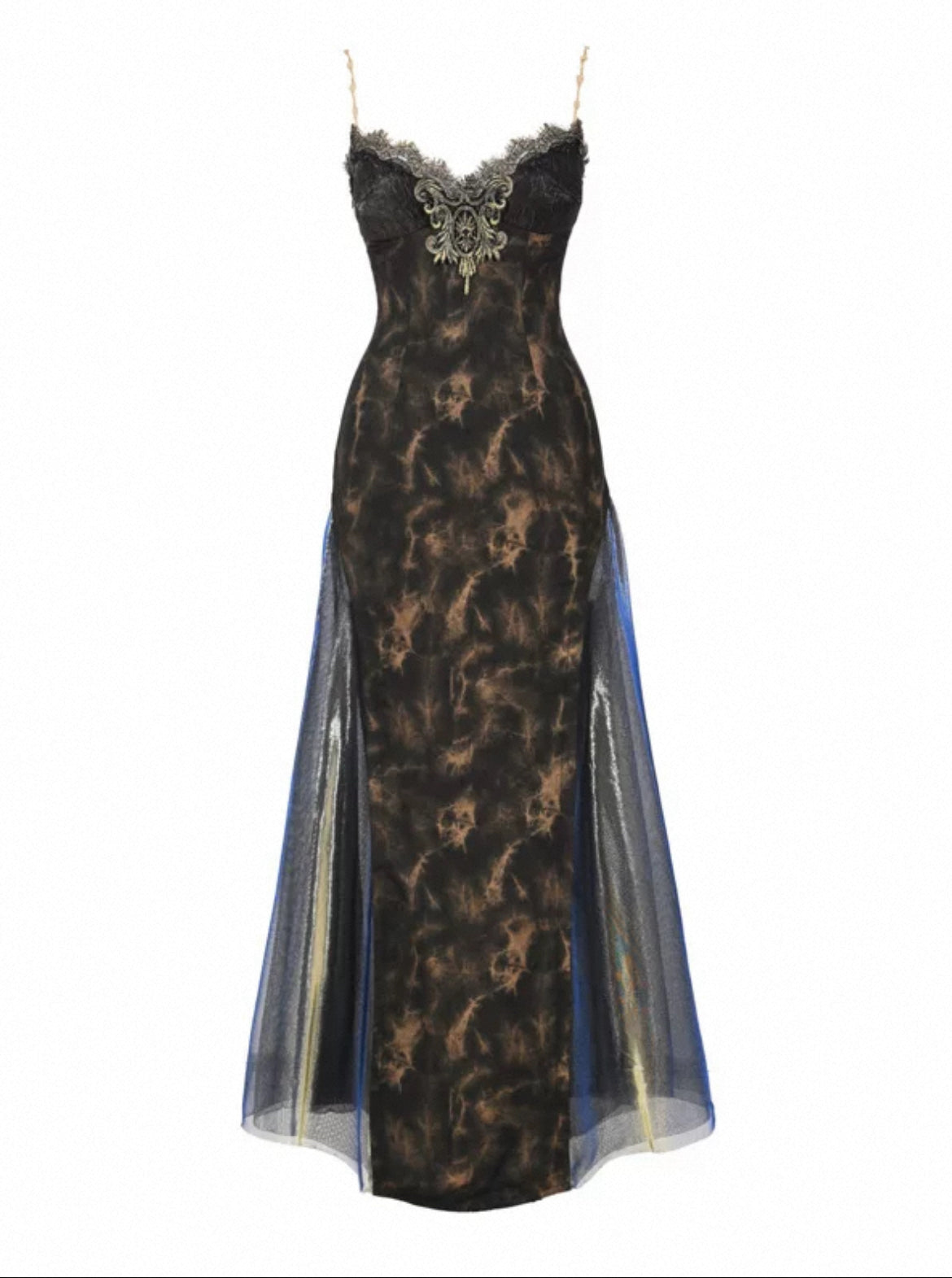 Black lace evening gown with sheer overlay on a white background