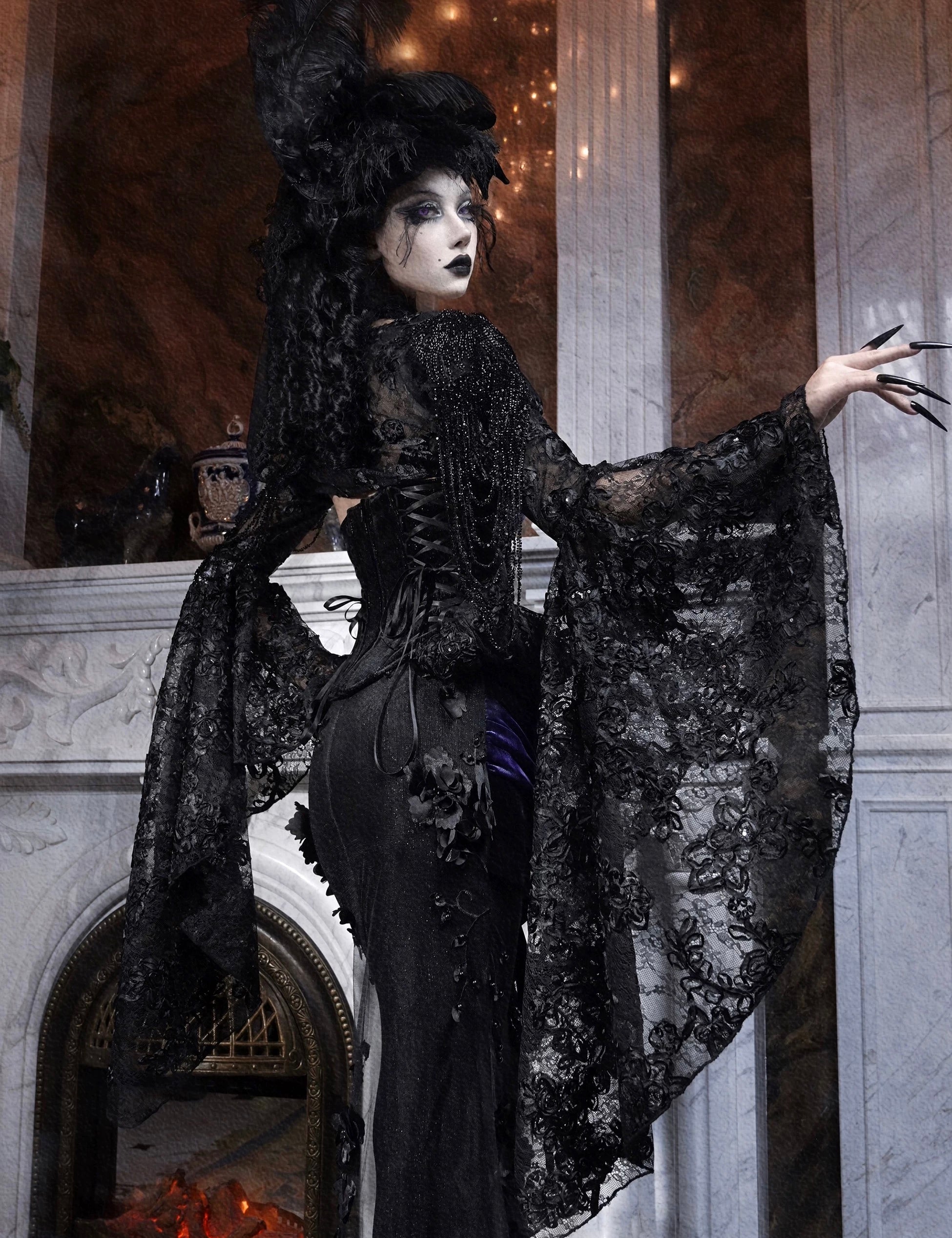 Person in a dark, ornate costume standing in an elegant gothic lace and vintage palace design.