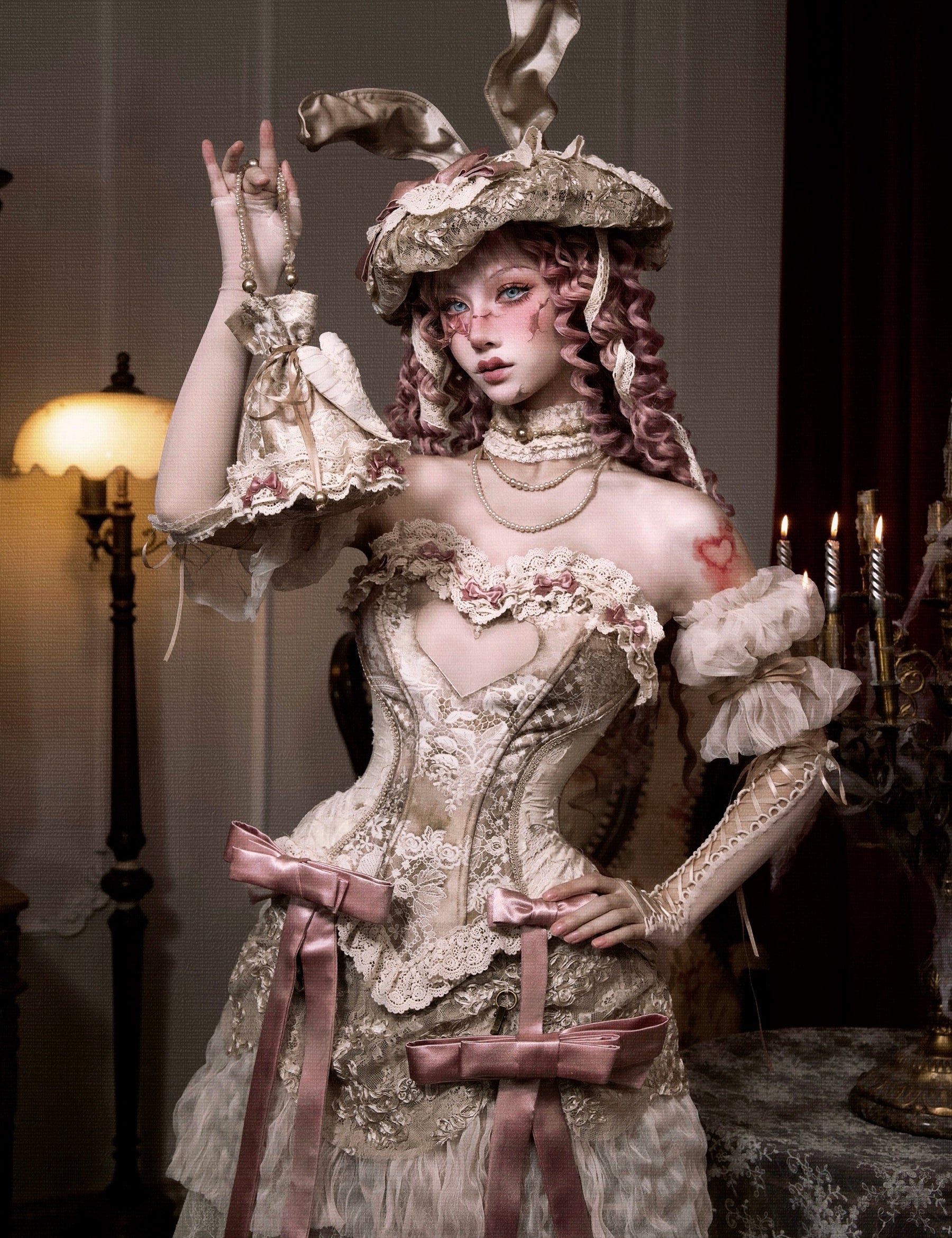 woman in an elaborate vintage-style costume with gothic fashion style corset on. for halloween cosplay.