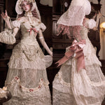 Detailed Victorian-style dress with lace and floral embellishments in a vintage interior setting.