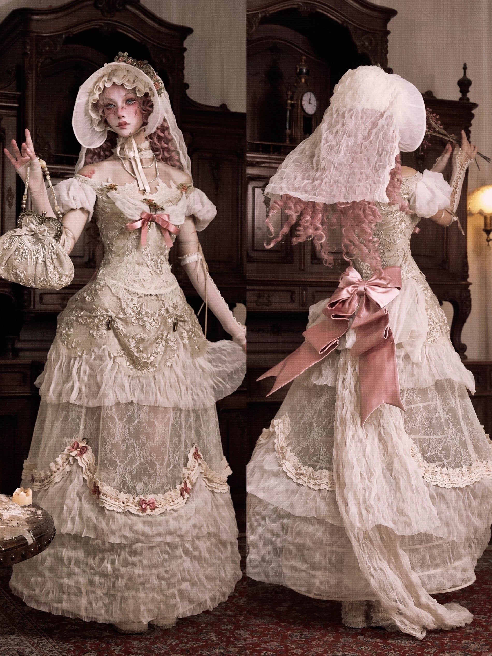 Detailed Victorian-style dress with lace and floral embellishments in a vintage interior setting.