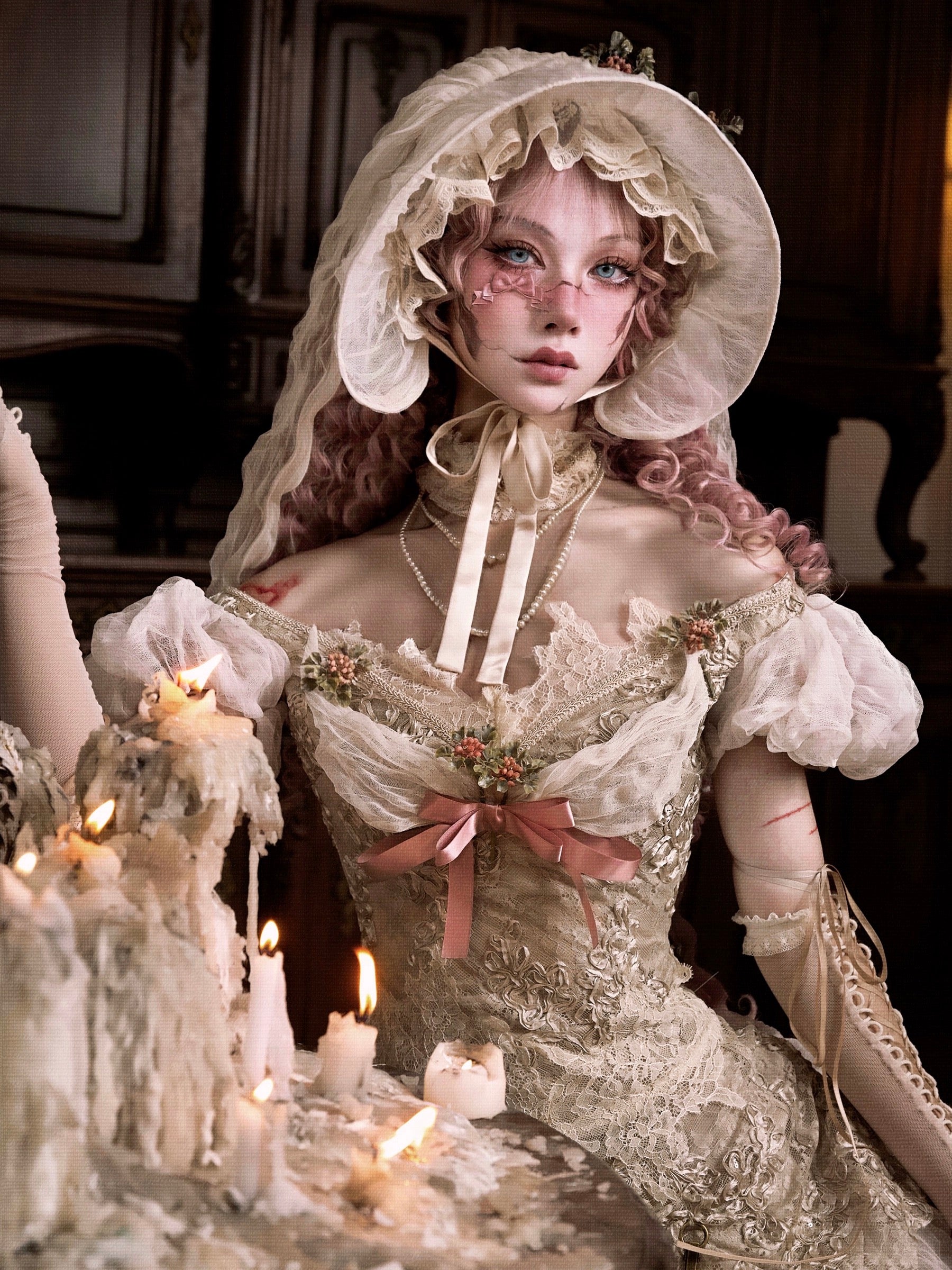 woman in a historical costume with lace dress and bonnet, surrounded by candles.
