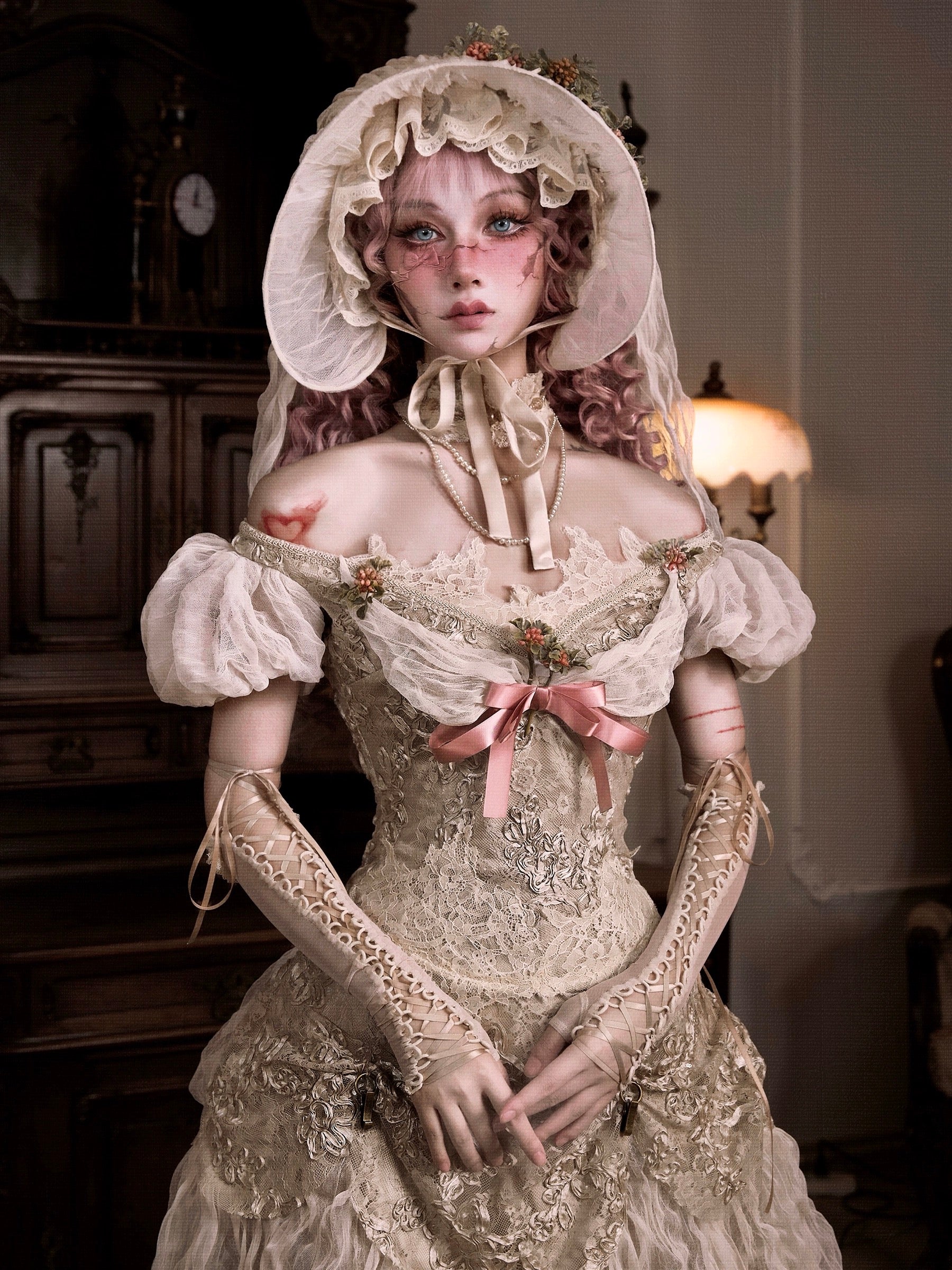 girl in a historical or vintage-style gothic fashion dress with lace details in an indoor setting.