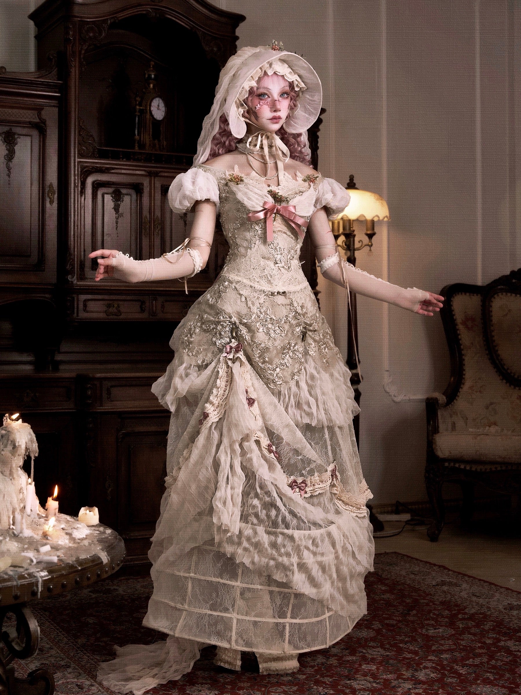 Person in a vintage-style dress standing in an elegant room with ornate furniture.