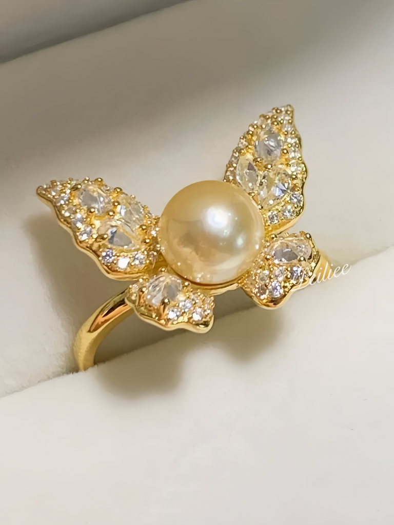 Get trendy with 7-8mm Golden Akoya Pearl Butterfly Dream Ring Japanese Sea Pearl Ring -  available at Peiliee Shop. Grab yours for $99 today!