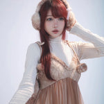 Model wear the Rose Island Fairy Spirit Little Deer in flower field faux fur earmuffs ear warmer on and make posting