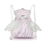 Light-pink Rosy Flying Backpack with gleaming star-patterned fabric and plush 3D angel wings, shown front-on against a white background.