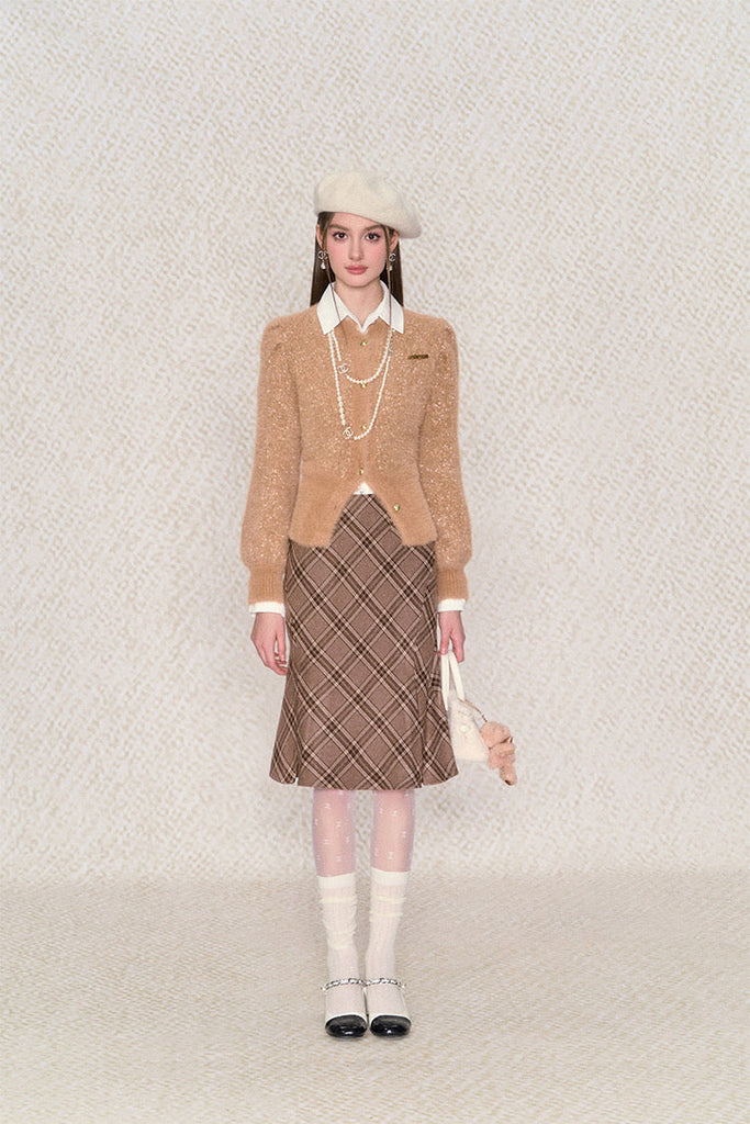 Get trendy with [Underpass]Cuddly Brown Bear Plaid Midi Skirt -  available at Peiliee Shop. Grab yours for $46 today!