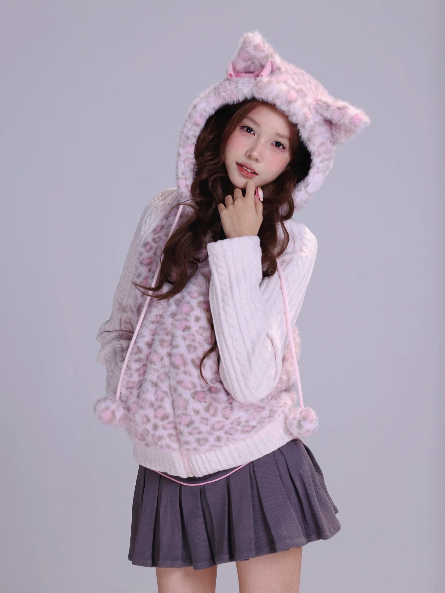 ルミニョン　Big Fur knit hoodie【ネイビー×ピンク】 アウター | Lumignon