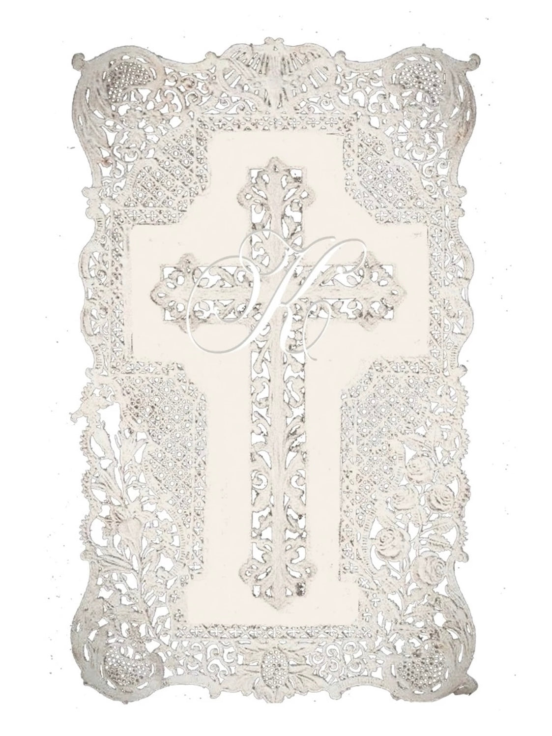 Decorative cross with intricate silver filigree frame on a white background KittenClaw logo via Peilieeshop