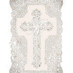Decorative cross with intricate silver filigree frame on a white background KittenClaw logo via Peilieeshop
