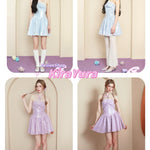 Four images of girls wearing pastel blue colored mini dress with a beige background and peilieeshop 'KiraYura' branding.
