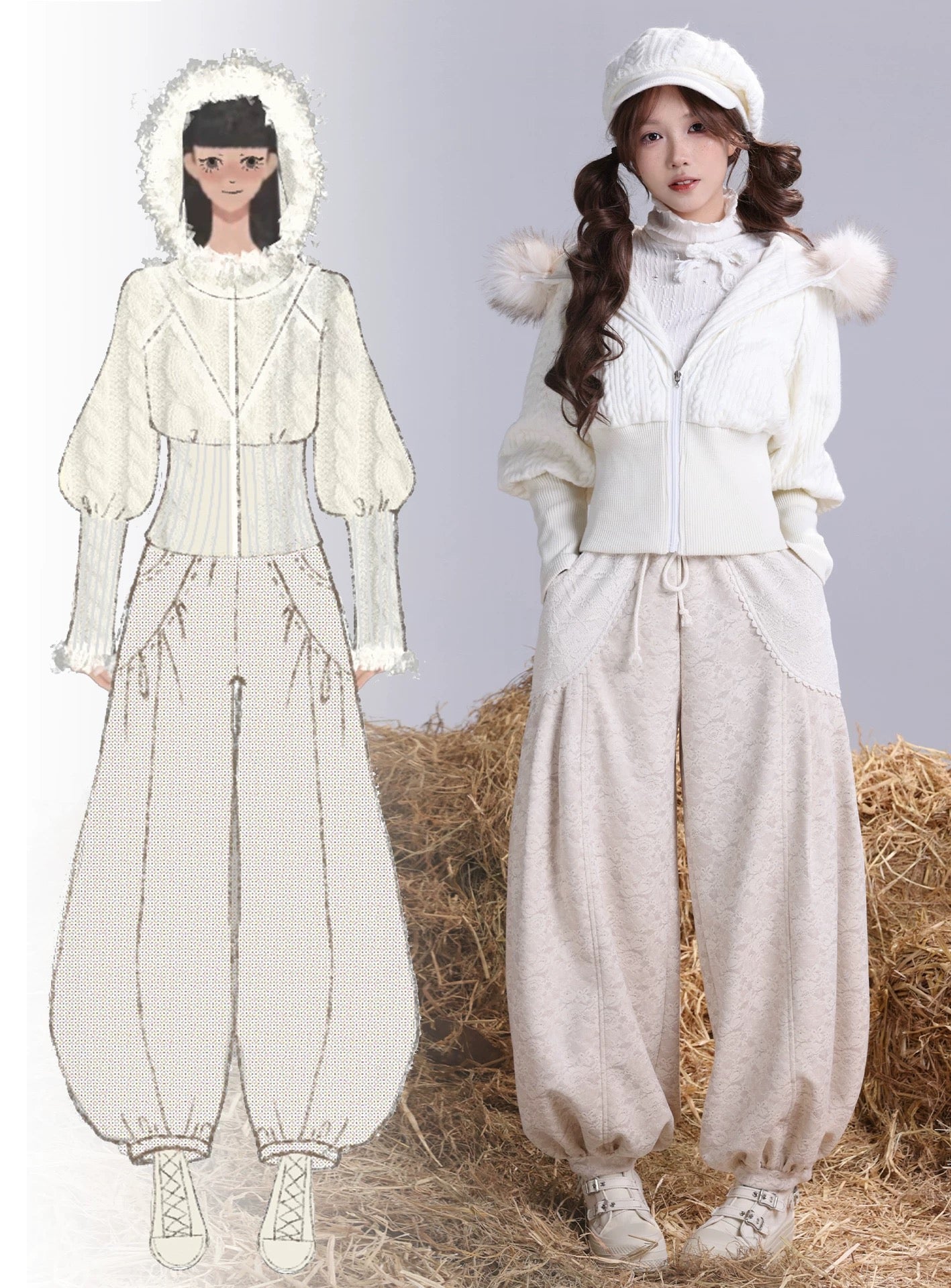 White winter outfit with fur trim on a person standing on hay. with design hand drawing picture on the side