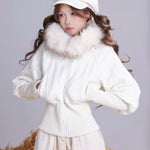 A Girl wearing a white  hoodie outfit with faux fur trim on a plain background