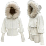 White winter knit outfit with faux fur-lined hood on a white background