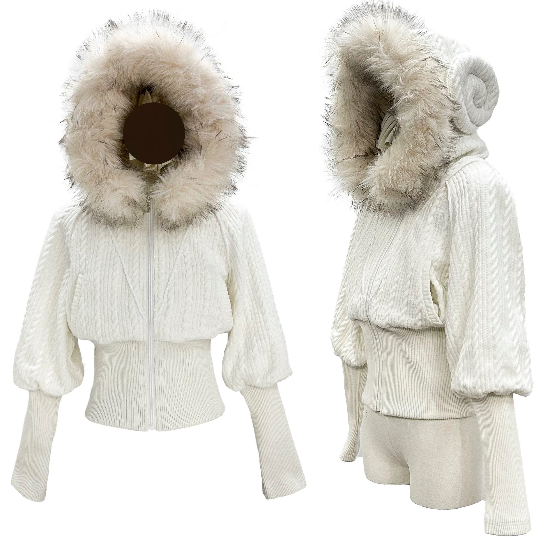 White winter knit outfit with faux fur-lined hood on a white background