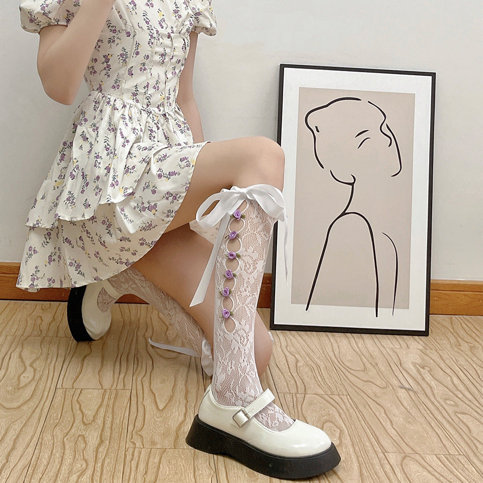 Get trendy with Flower Babydoll Below-knee Socks -  available at Peiliee Shop. Grab yours for $8 today!