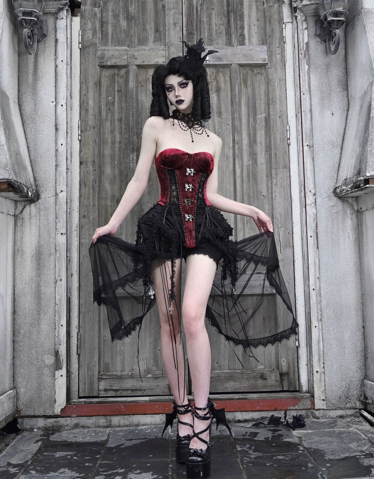 Get trendy with [Blood Supply]Halloween Alice Dark Gothic Corset and Lace-up Set (Red) - Clothing available at Peiliee Shop. Grab yours for $18 today!