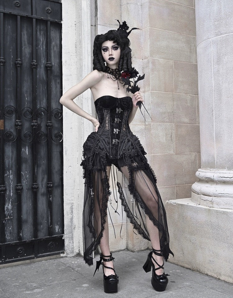 Get trendy with [Blood Supply]Alice Dark Gothic Corset and Lace-up Set (Black) - Clothing available at Peiliee Shop. Grab yours for $18 today!