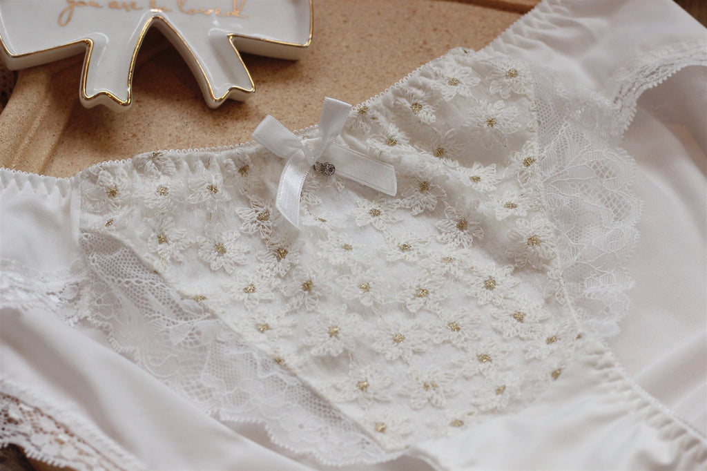 Get trendy with [Up to 100G] Snow Daisy Bra Set With Plus Sizes -  available at Peiliee Shop. Grab yours for $45 today!
