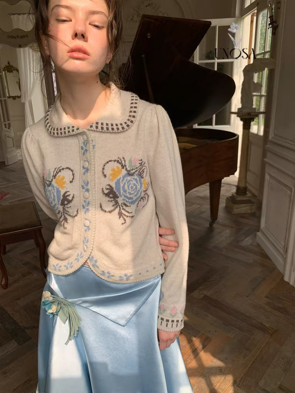 UNOSA Oatmeal Rose 30% Wool Jacquard Puff-Sleeve Cardigan