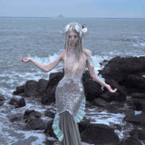 [Blood Supply] Silver Song Of Siren Mermaid Illusion Halter Maxi Dress