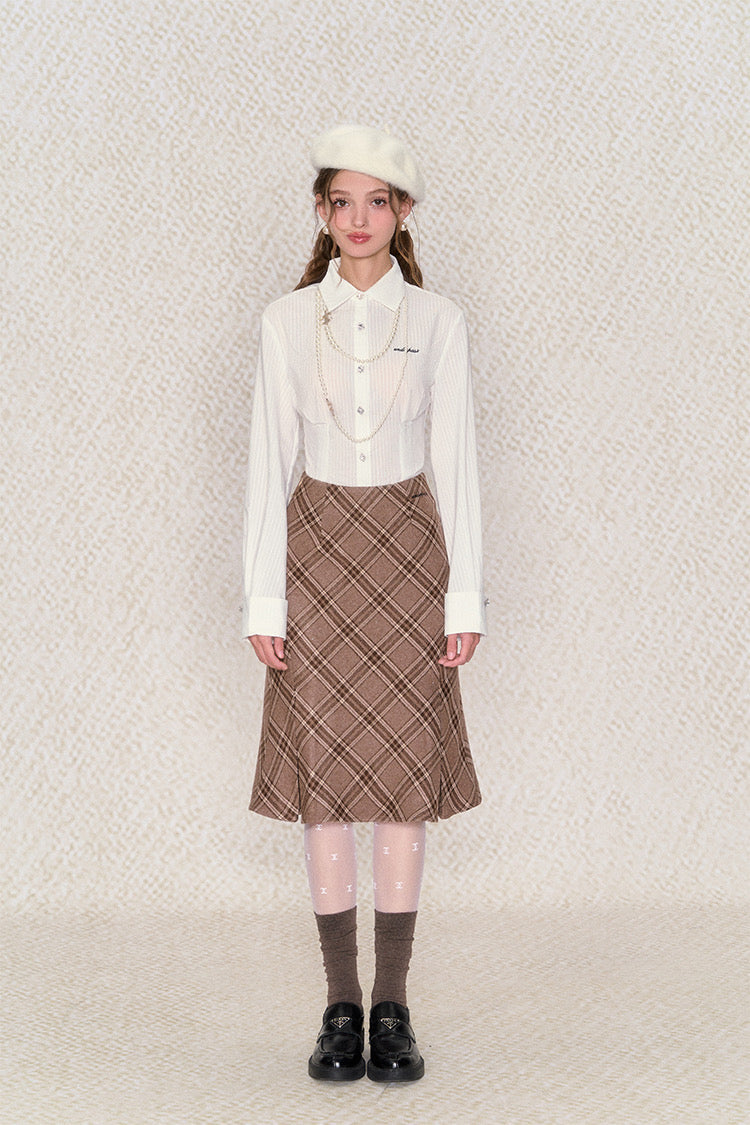 Get trendy with [Underpass]Cuddly Brown Bear Plaid Midi Skirt -  available at Peiliee Shop. Grab yours for $46 today!