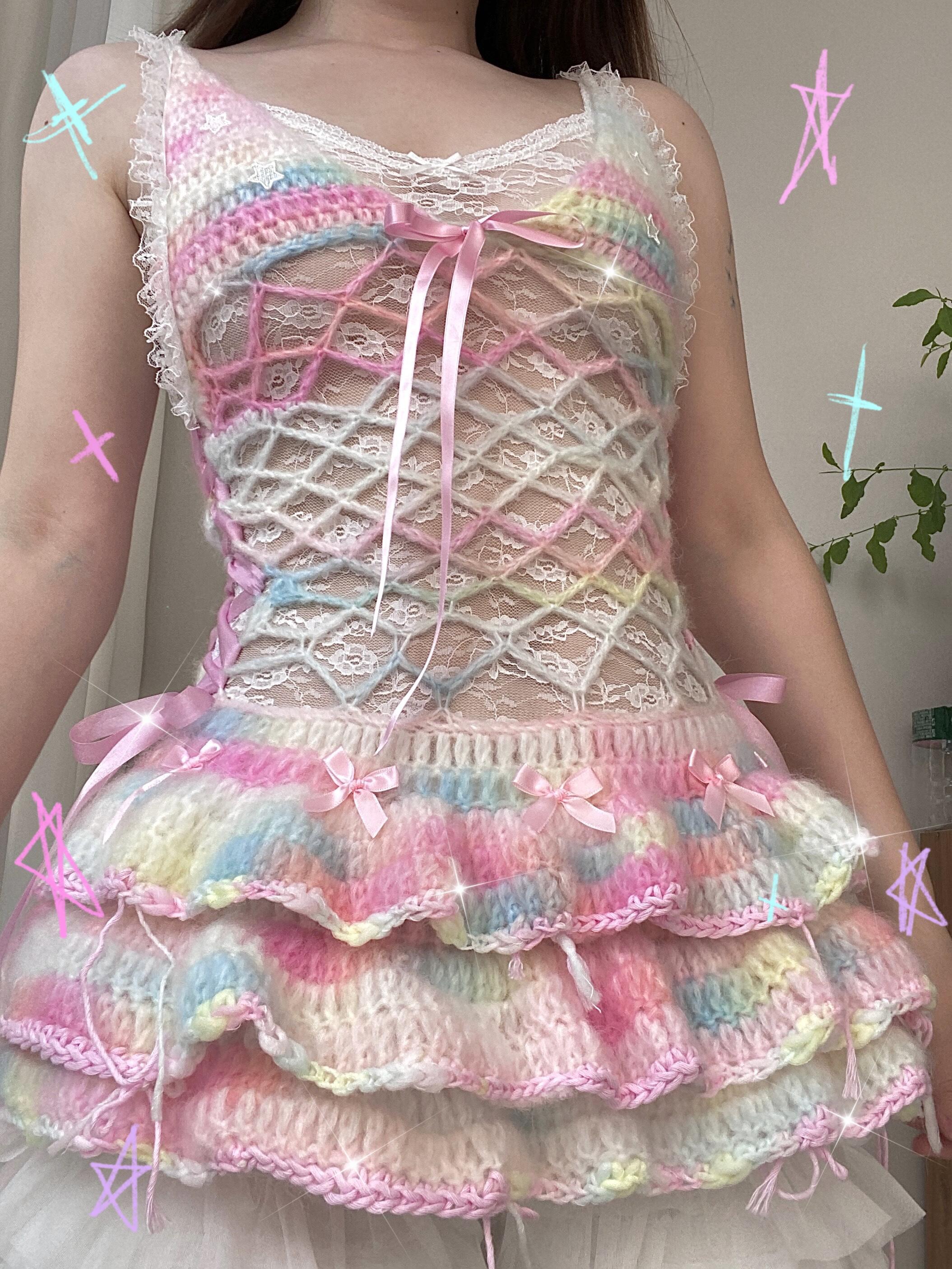 Get trendy with [Customized Hande Sewed] Rainbow Hearts Pastel Knitting Mini Dress -  available at Peiliee Shop. Grab yours for $16.80 today!