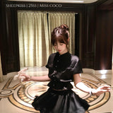 SheepKiss Miss Coco Black Satin Shirt and Skirt Set