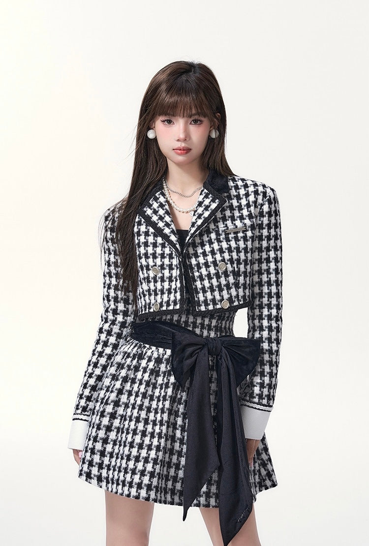 Get trendy with [Underpass] Monochrome Houndstooth Bowtie Jacket & Skirt Set -  available at Peiliee Shop. Grab yours for $69 today!