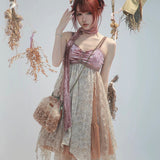 Rose Island Deer collection fawn pattern print faux fur handbag model wear as cross body bag with bohemian style dress