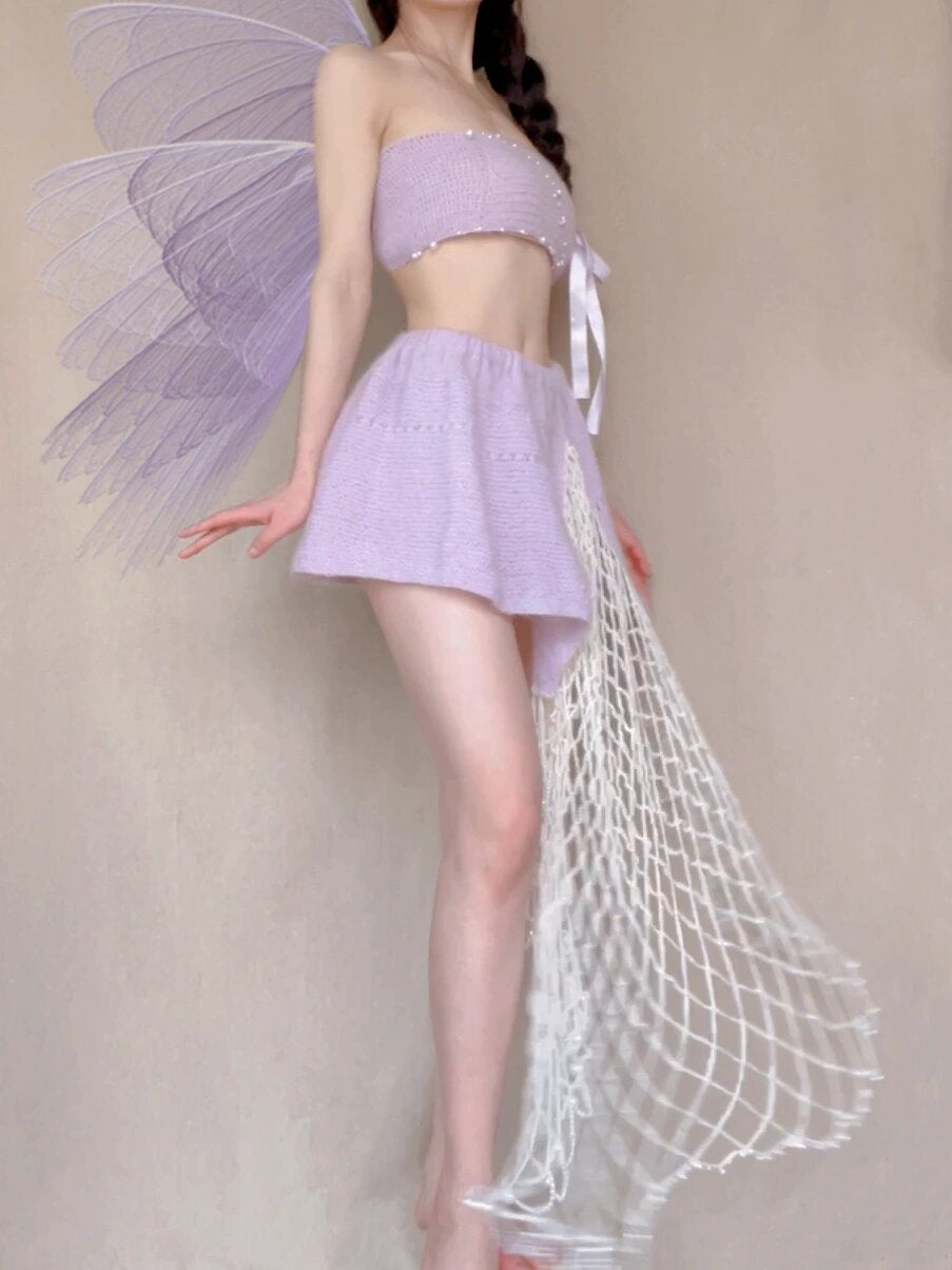 Get trendy with [Tailor Made] Lavender Dream Fairy Style Knitting Set with glass Pearl on bralette and skirt -  available at Peiliee Shop. Grab yours for $118 today!