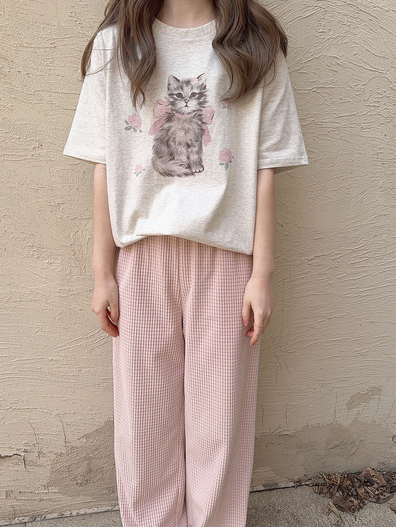 Get trendy with Rose Kitty Cotton T-shirt Top - Sweater available at Peiliee Shop. Grab yours for $16 today!