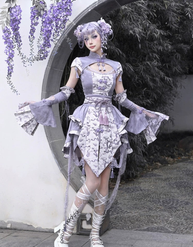 Get trendy with [Blood Supply] Dragon In Wisteria Chinese Lolita Fashion Set Mini Skirt - Skirt available at Peiliee Shop. Grab yours for $59 today!