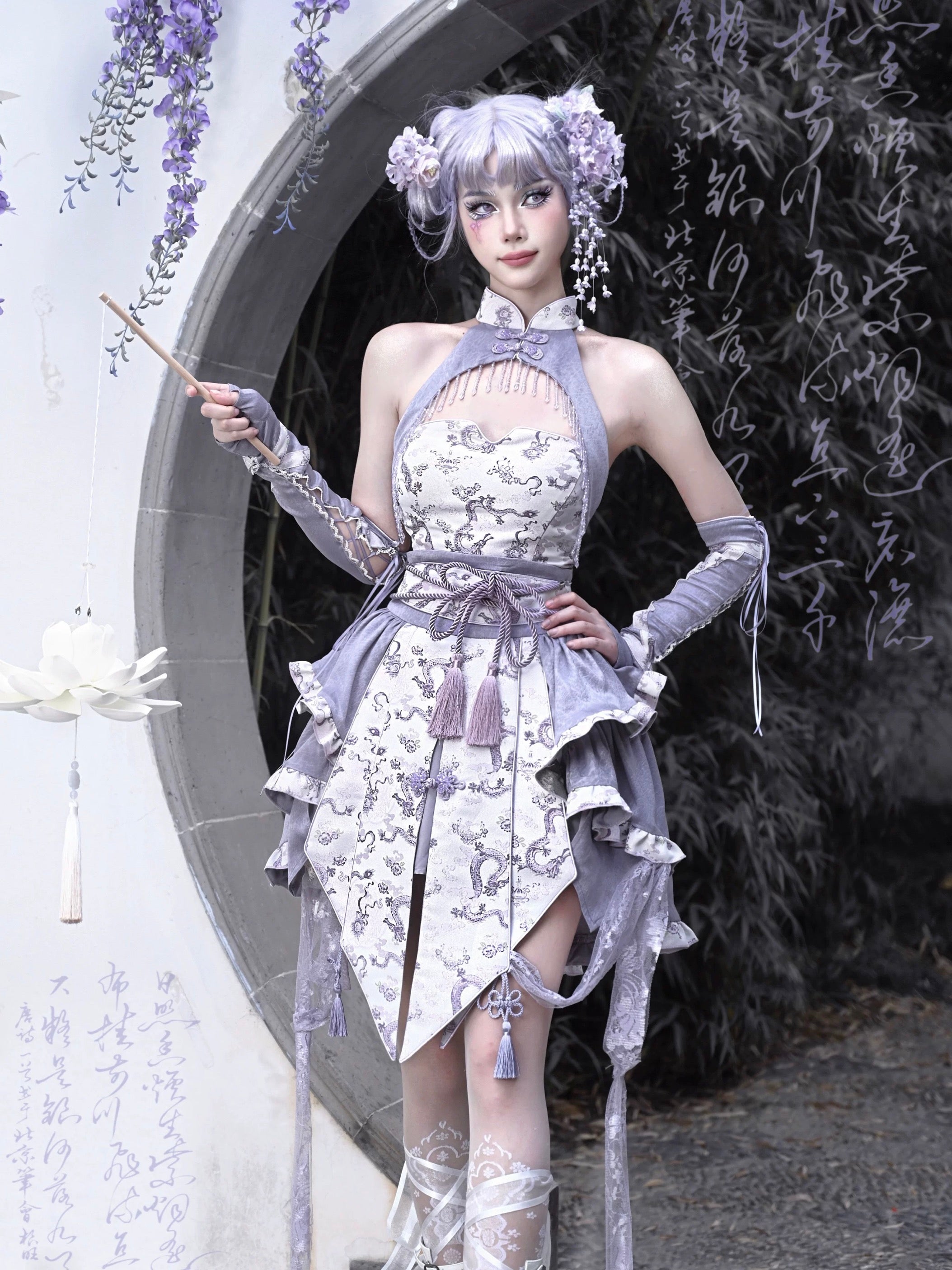 Get trendy with [Blood Supply] Dragon In Wisteria Chinese Lolita Fashion Set Mini Skirt - Skirt available at Peiliee Shop. Grab yours for $59 today!