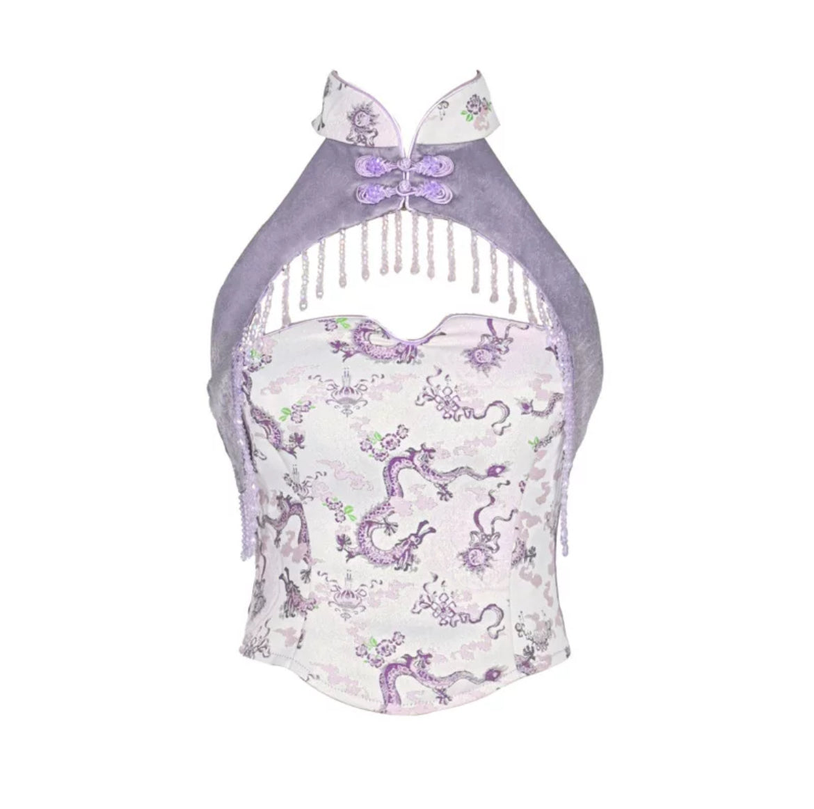 Get trendy with [Blood Supply] Dragon In Wisteria Crystal Tassels Crop Top - Crop Top available at Peiliee Shop. Grab yours for $42 today!