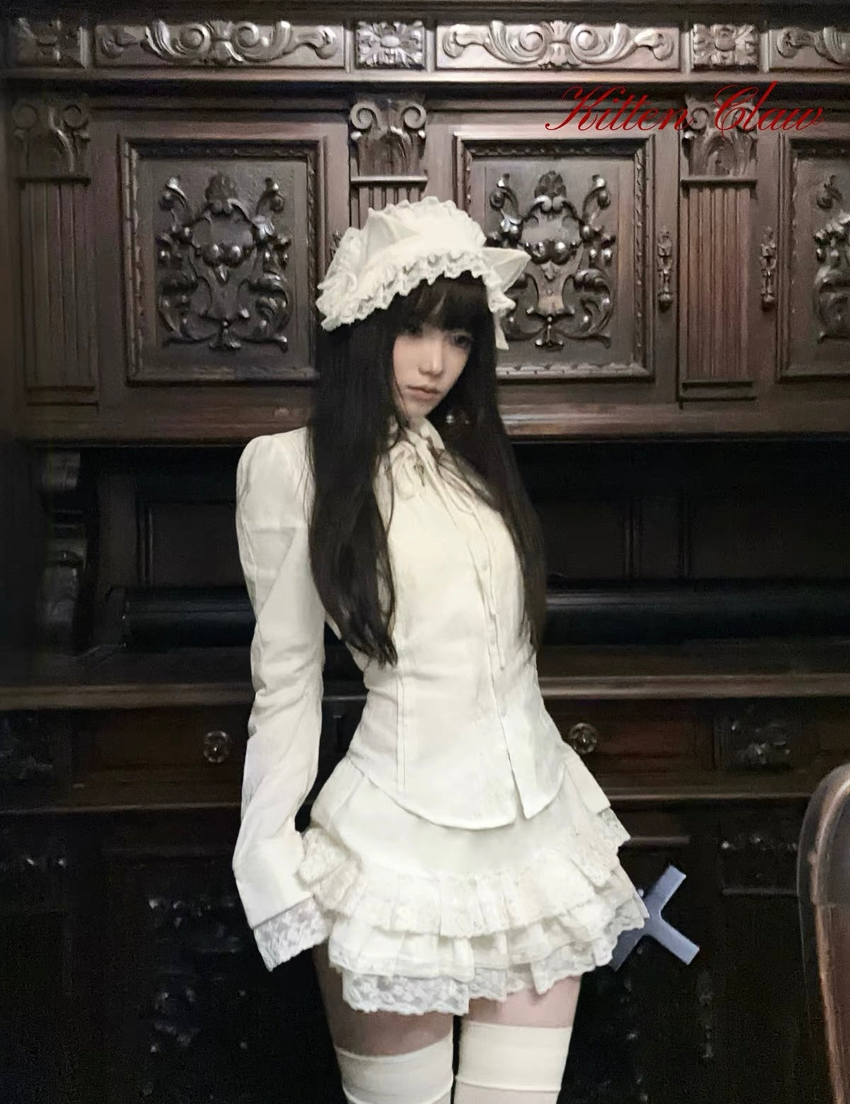 KittenClaw Morning Light Beige Gothic Lace Cross 100% Cotton Top and skirt set