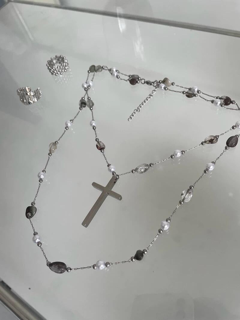 Get trendy with Gothic Doll Cross Glass Pearl Double Necklace -  available at Peiliee Shop. Grab yours for $19.80 today!